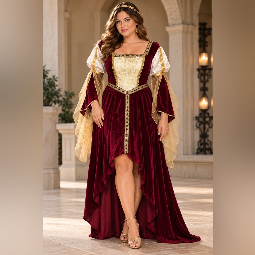 Renaissance Medieval Burgundy Velvet Gold Gown Halloween Costume Women’s Sz XL
